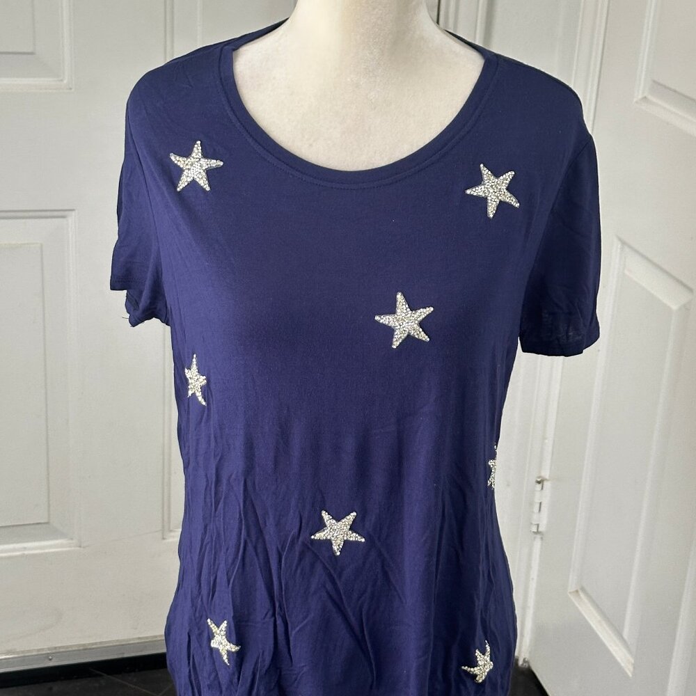 Urban Diction Navy Rhinestone Star T Shirt Large Stretch Patriotic Western Tee